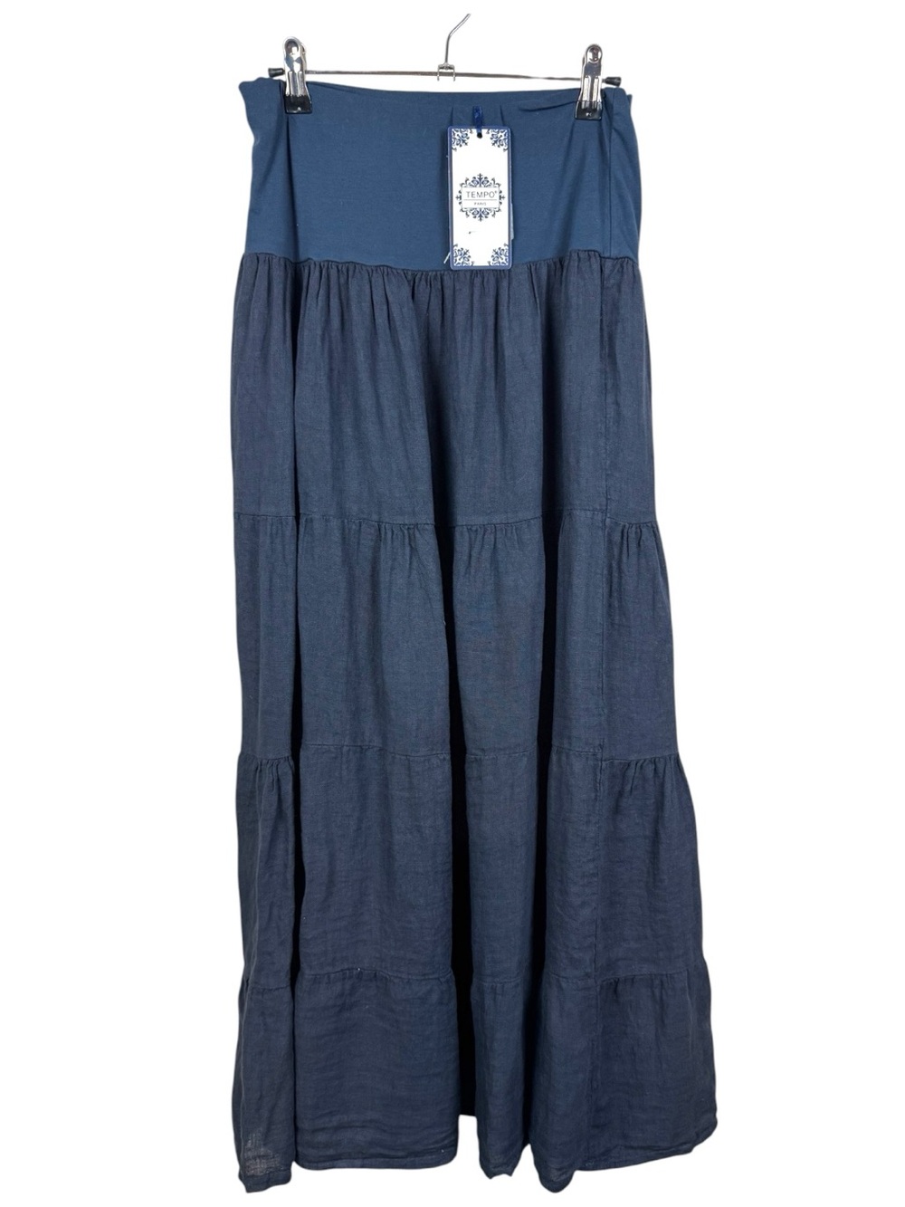 NWT Tempo Paris Tiered Linen Maxi Skirt Navy sz M
